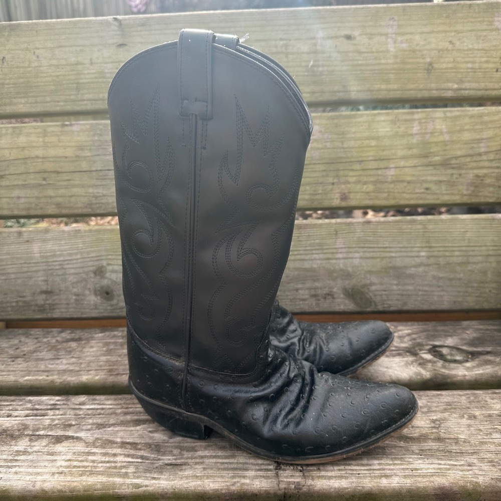 Out West Mens Black Leather Cowboy Boots Ostrich Pointed Toe VCM9010 Size 8.5 - Picture 2 of 10